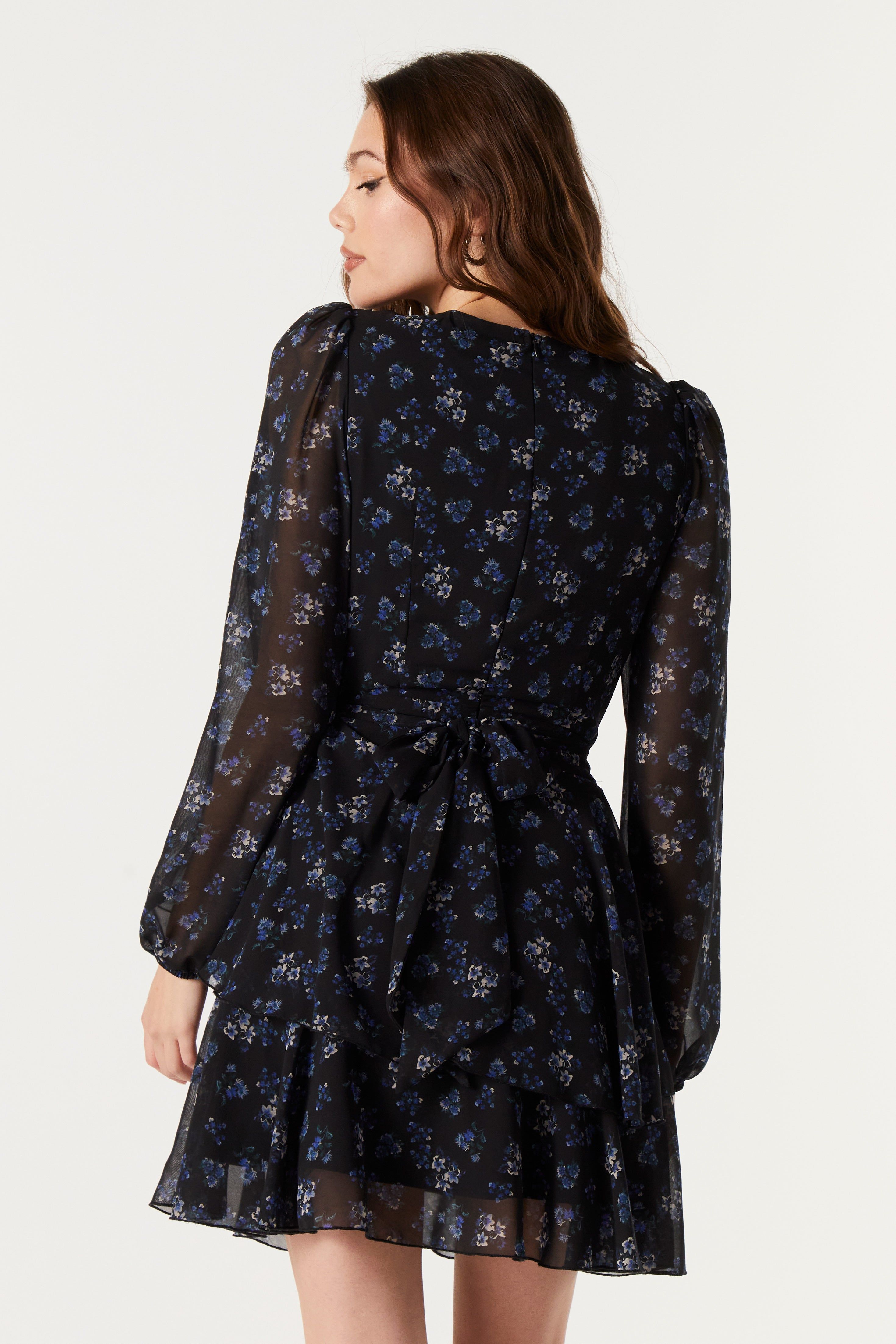 Blue and Black Floral Chiffon Tiered Dress sold by Urban Planet product image thumbnail 2