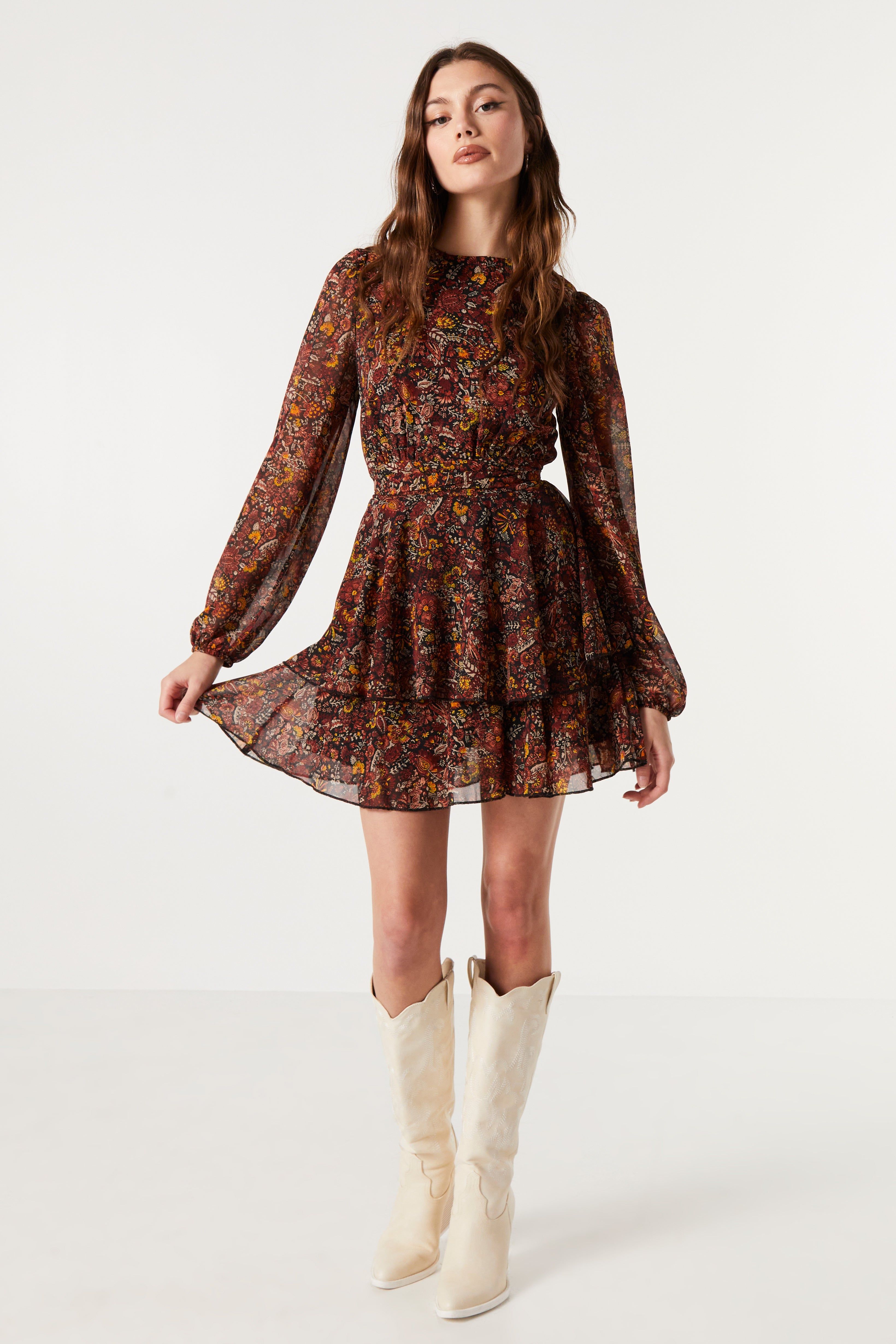 Blue and Black Floral Chiffon Tiered Dress sold by Urban Planet product image thumbnail 6