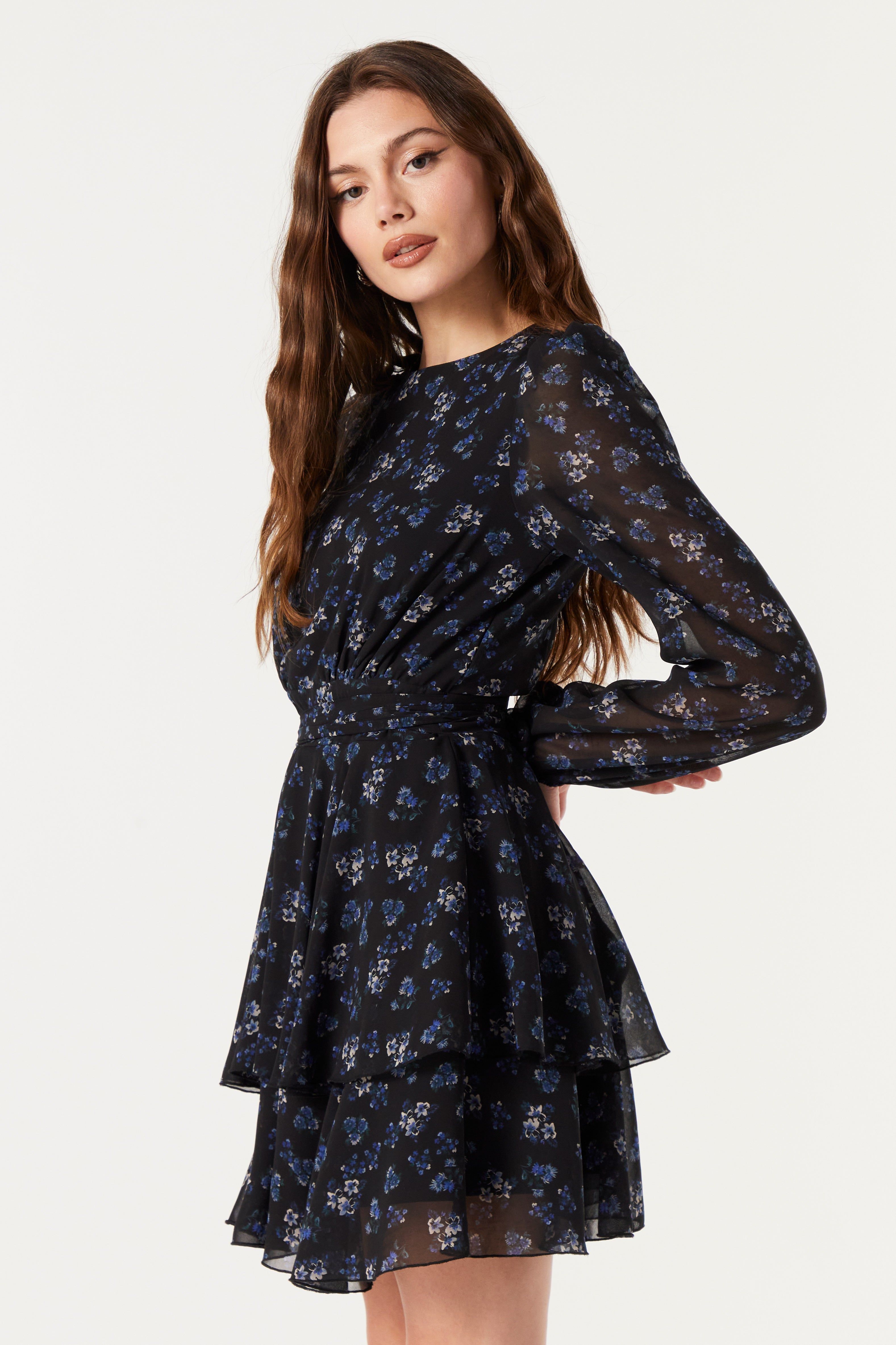 Blue and Black Floral Chiffon Tiered Dress sold by Urban Planet
