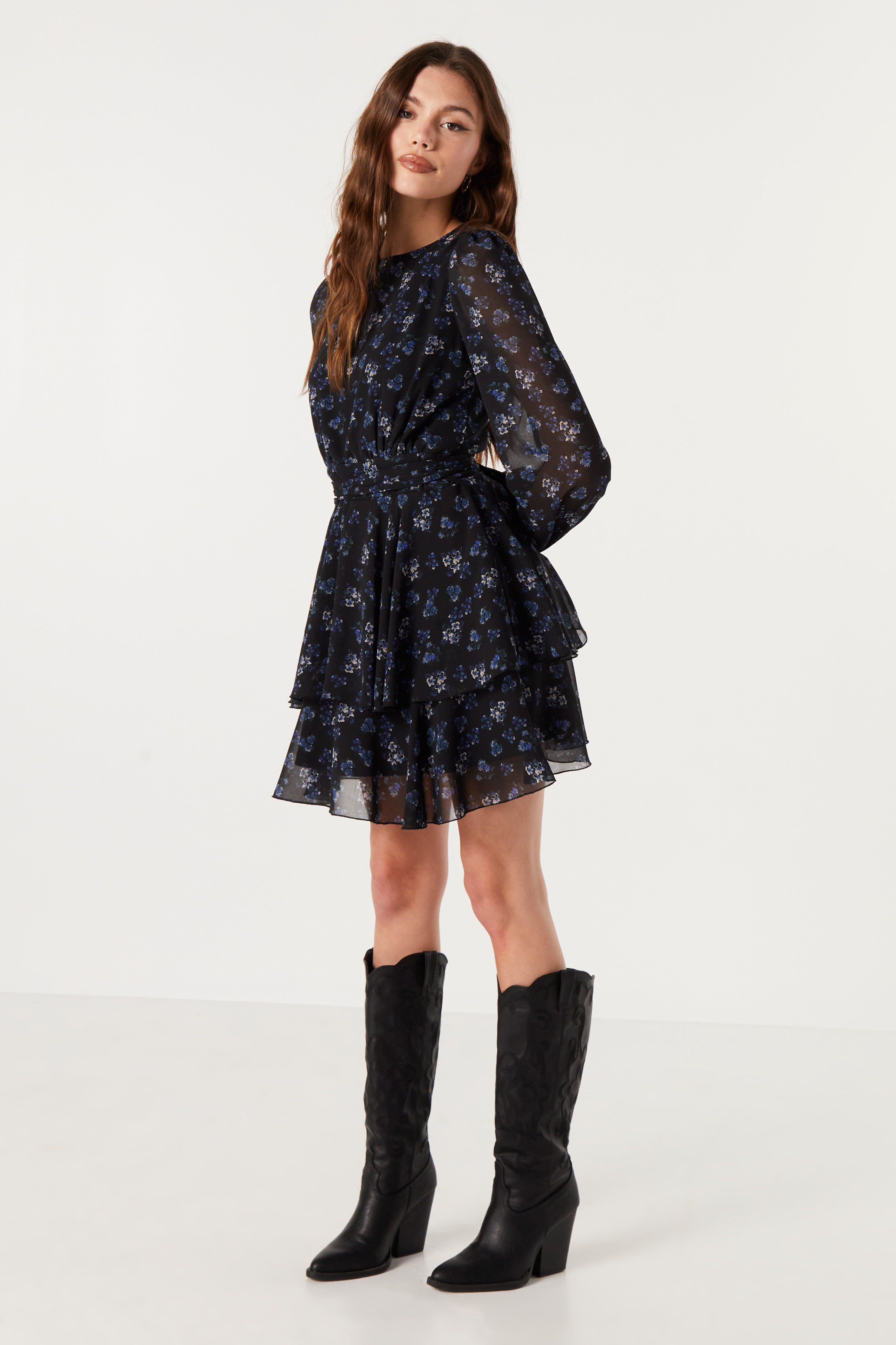 Blue and Black Floral Chiffon Tiered Dress sold by Urban Planet product image thumbnail 3