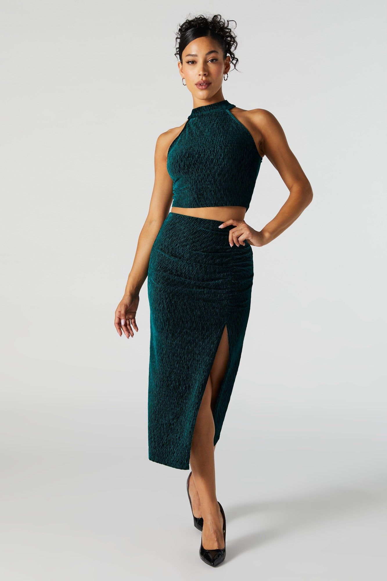 Green Textured Velvet Slit Midi Skirt sold by Urban Planet product image thumbnail 2
