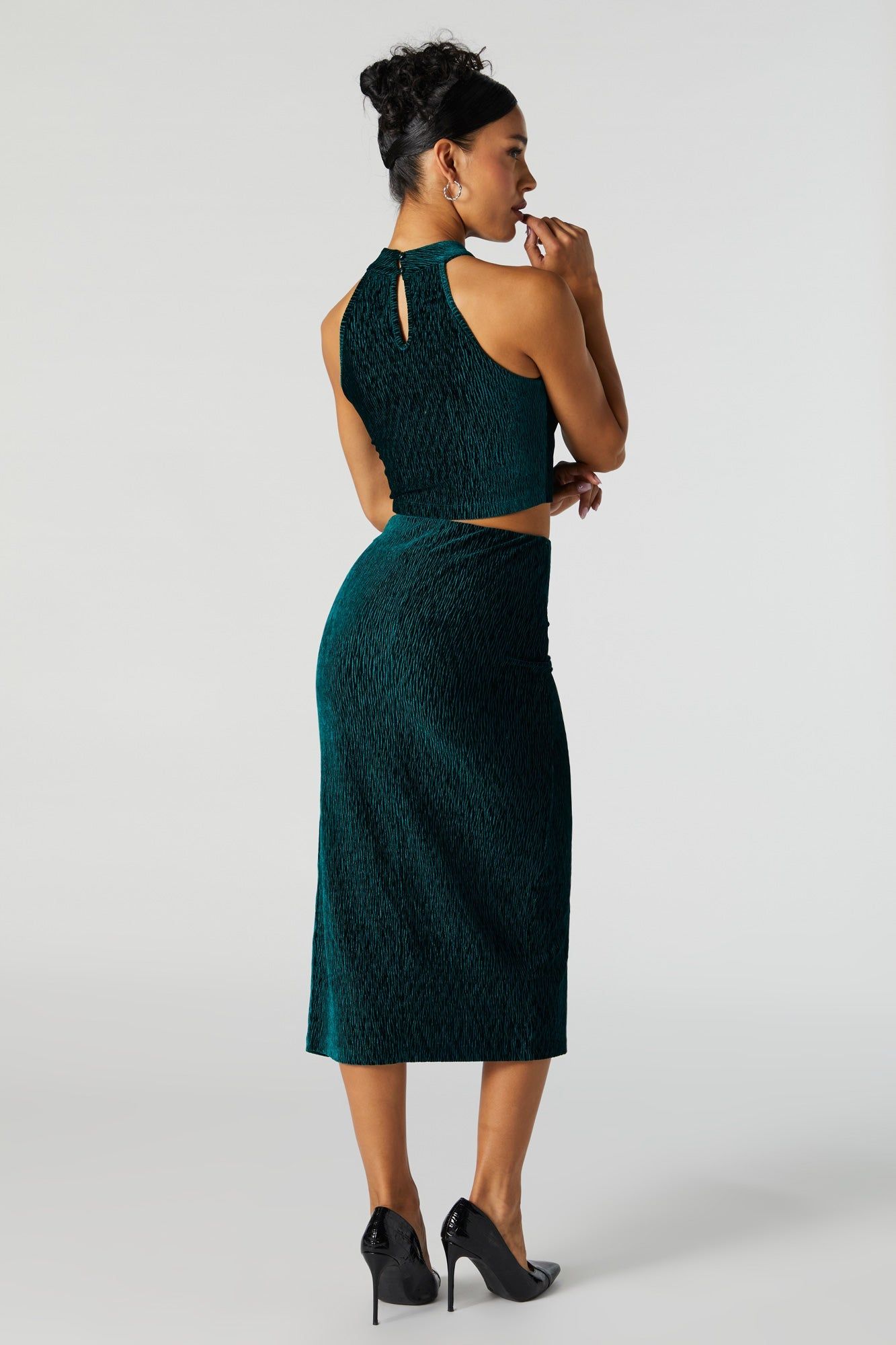 Green Textured Velvet Slit Midi Skirt sold by Urban Planet product image thumbnail 3