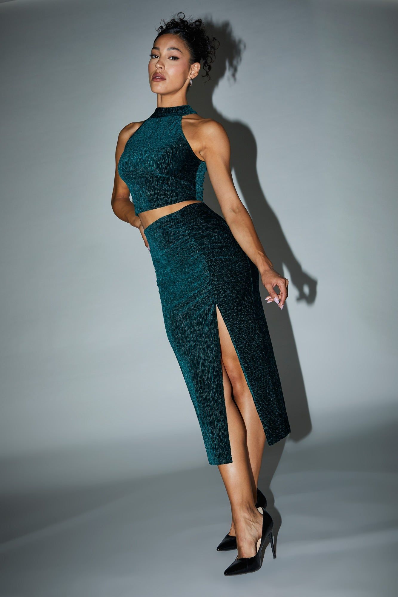 Green Textured Velvet Slit Midi Skirt sold by Urban Planet