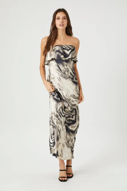 Satin Abstract Strapless Maxi Dress sold by Urban Planet