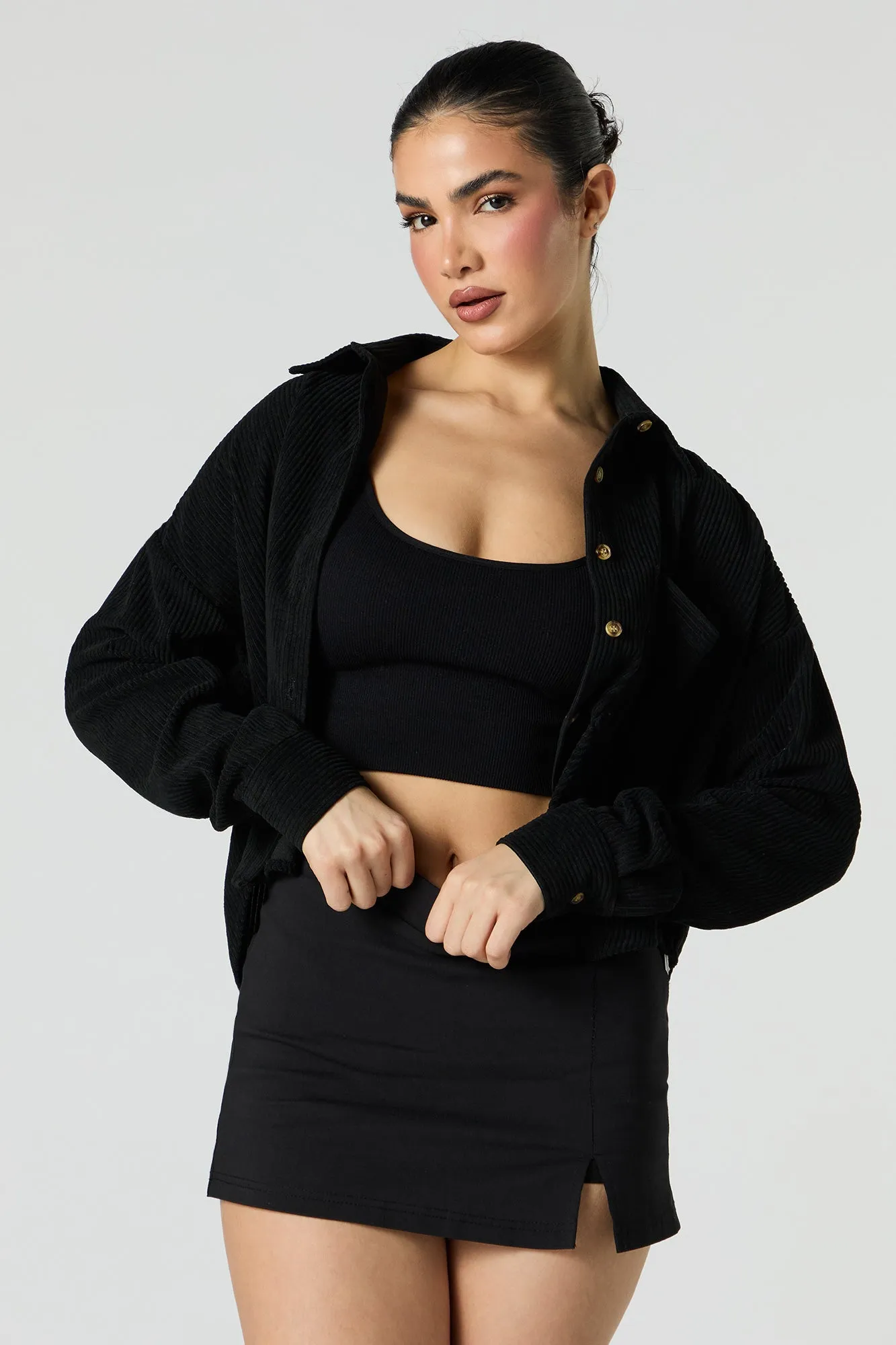 Corduroy Cropped Button-Up Top sold by Urban Planet