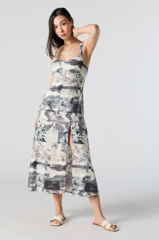 Abstract Floral Print Sweetheart Slit Midi Dress sold by Urban Planet