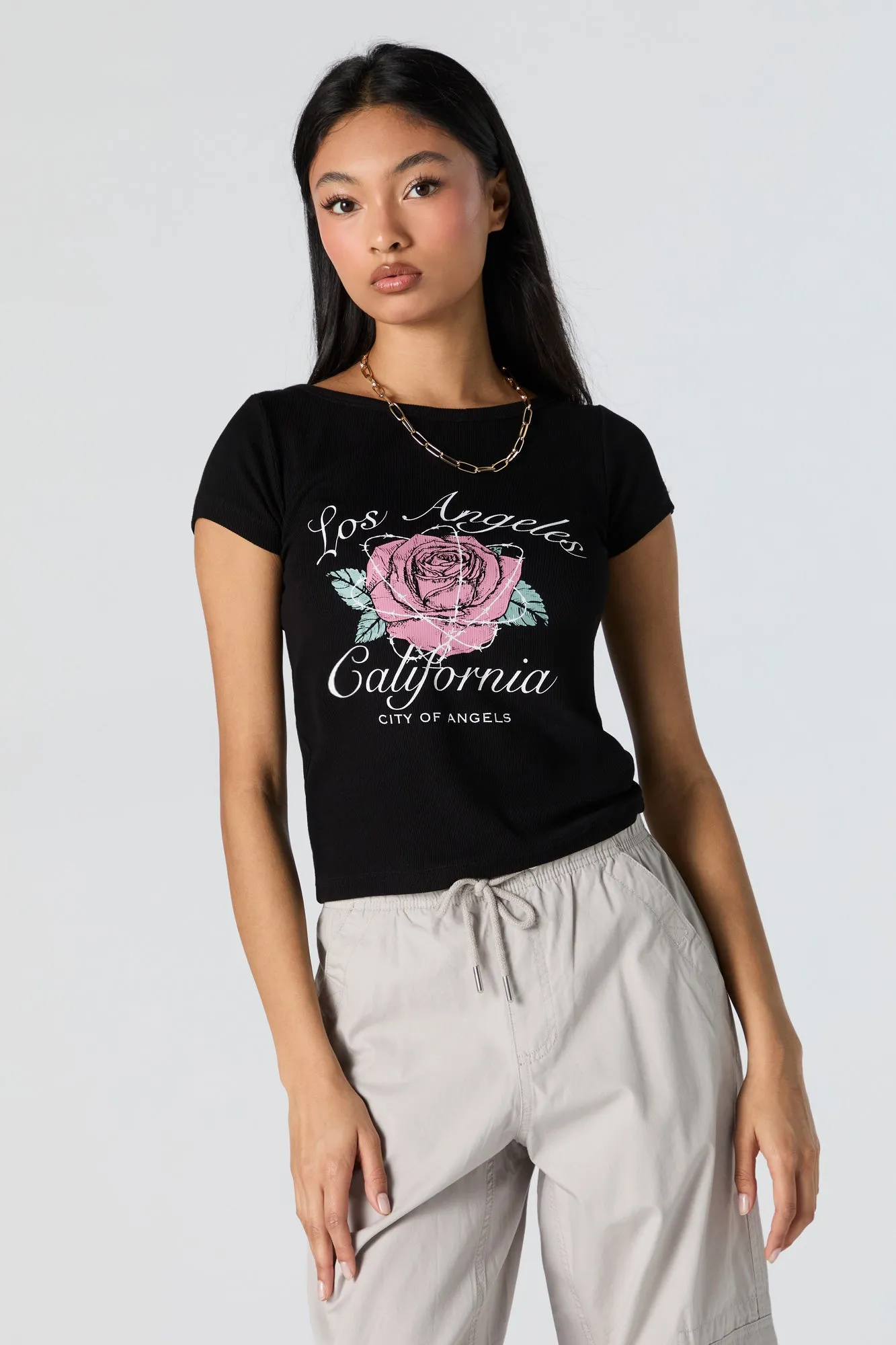 Graphic Ribbed Boat Neck T-Shirt sold by Urban Planet product image thumbnail 5