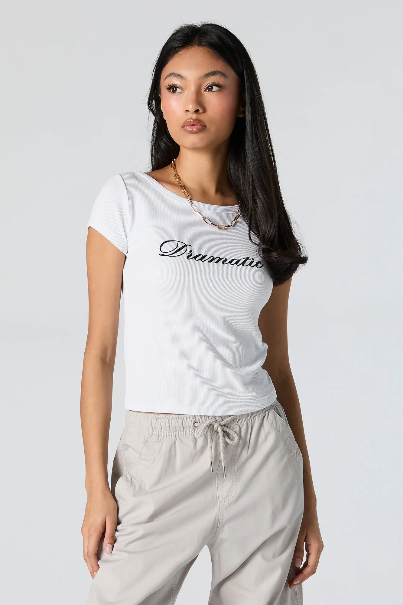 Graphic Ribbed Boat Neck T-Shirt sold by Urban Planet product image thumbnail 2