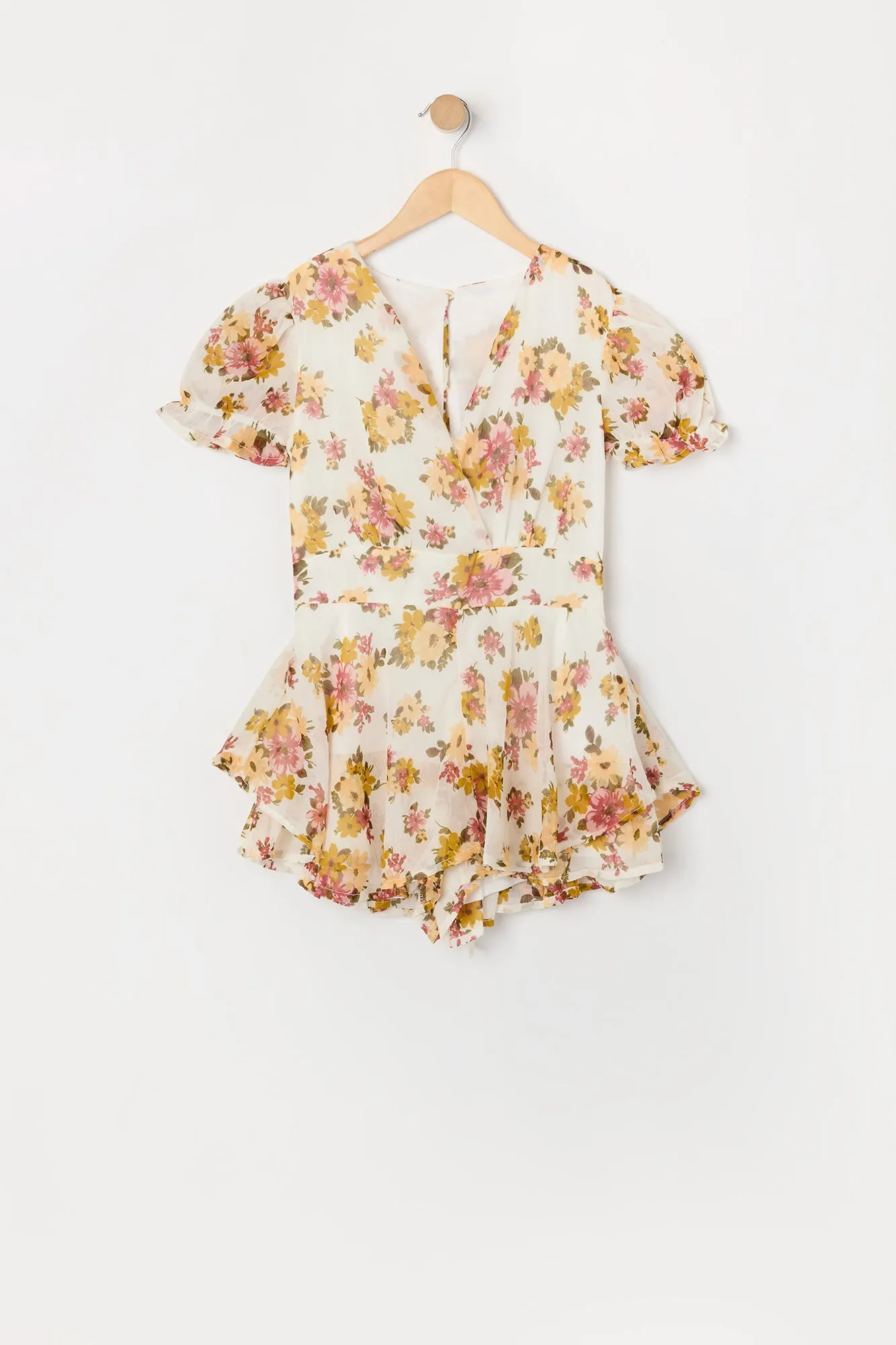 Girls White Floral Chiffon Puff Sleeve Romper sold by Urban Planet