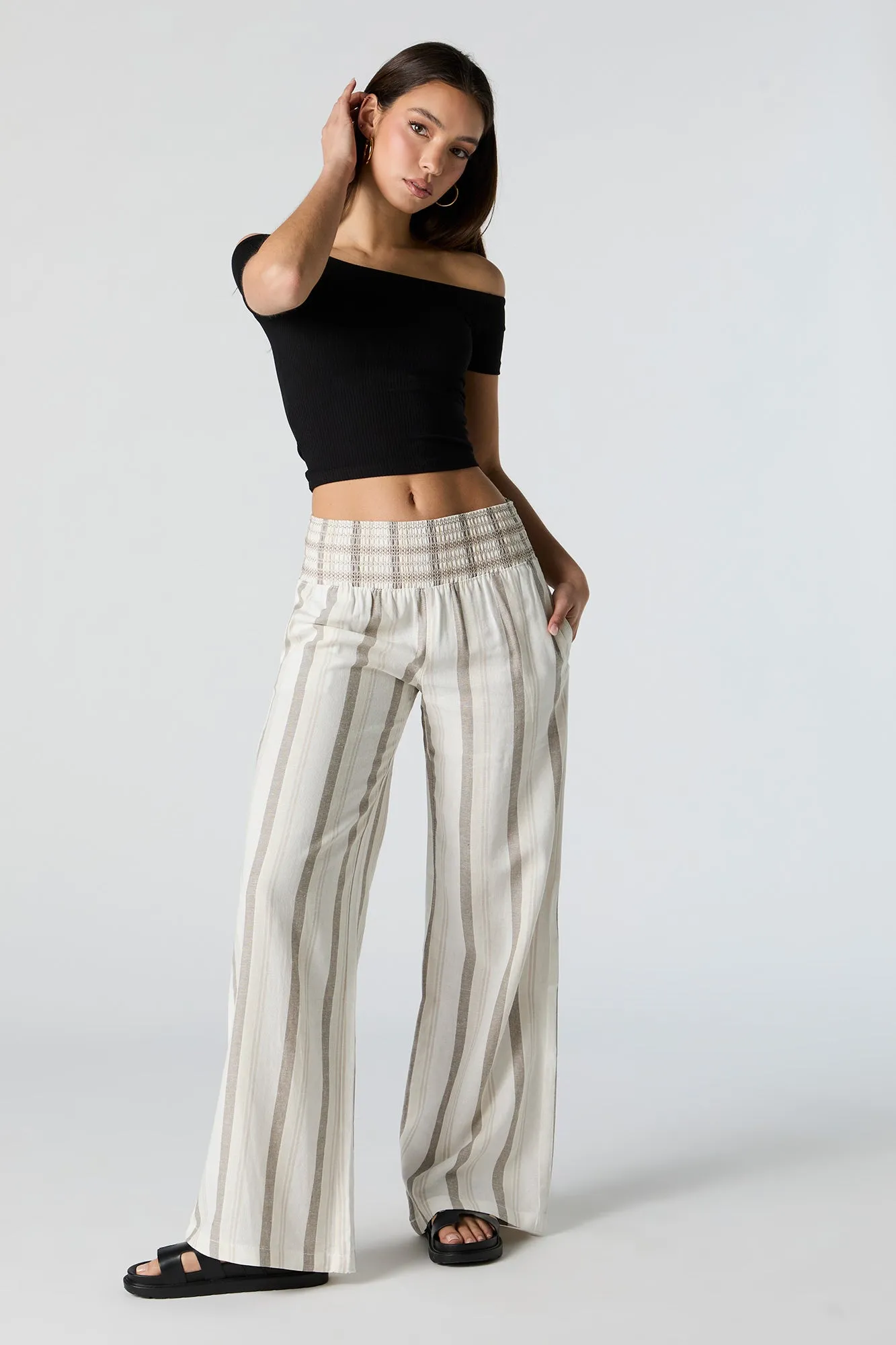 Striped Linen Embroidered Smocked Pant sold by Urban Planet