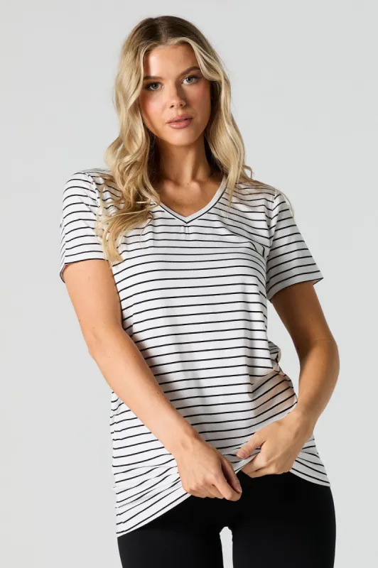 V-Neck Longline Striped T-Shirt sold by Urban Planet