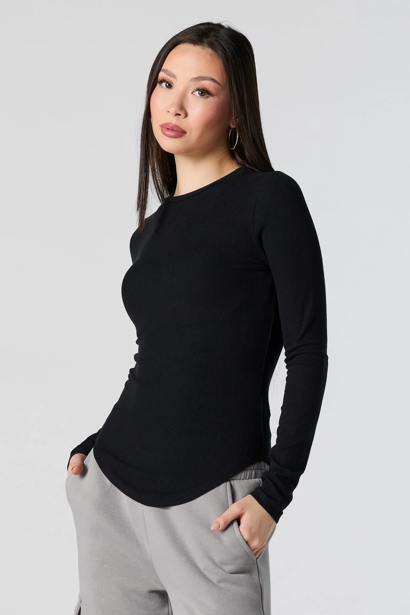 Ribbed Curve Hem Long Sleeve Top sold by Urban Planet