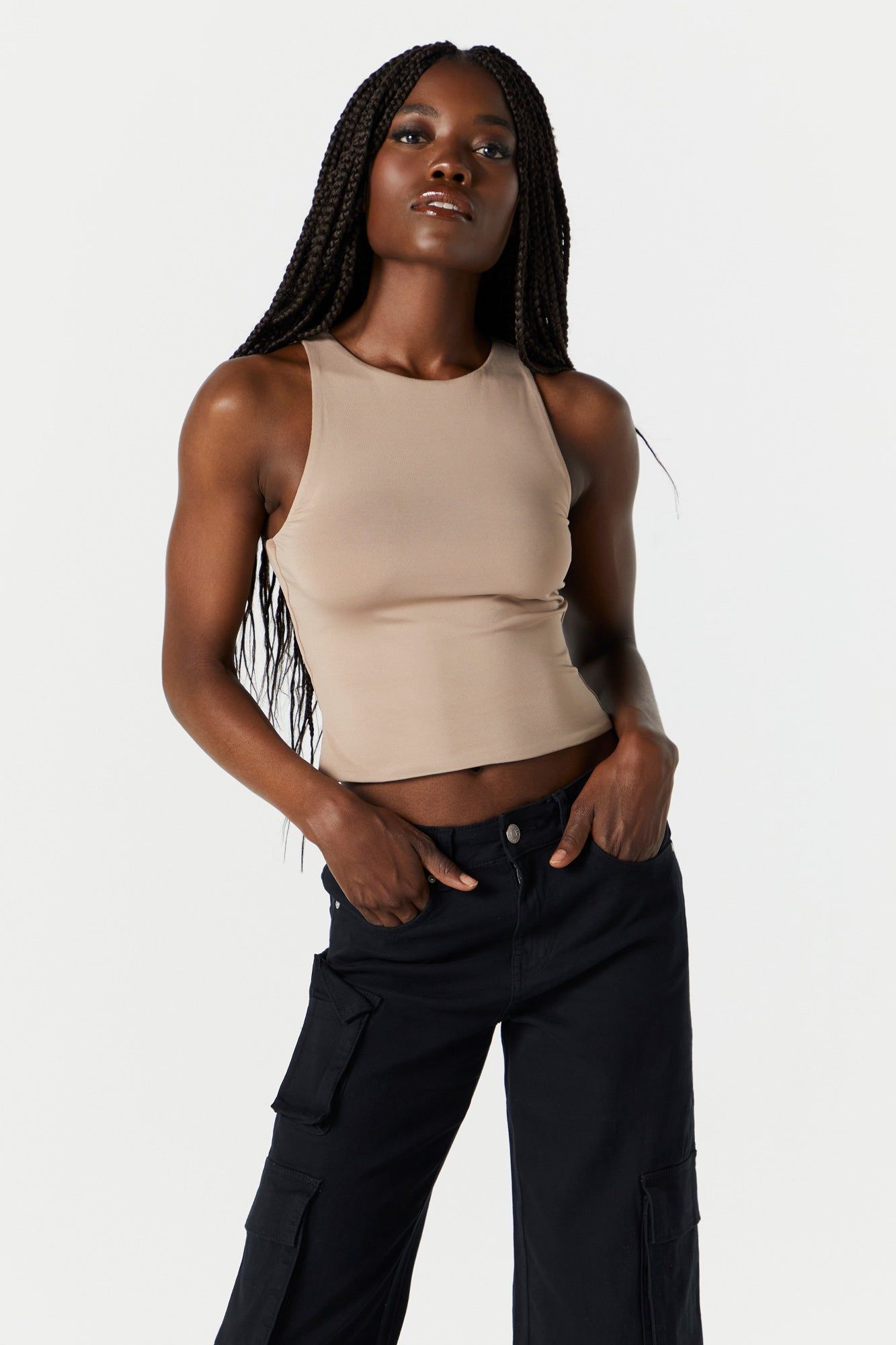 Taupe Contour High Neck Tank sold by Urban Planet