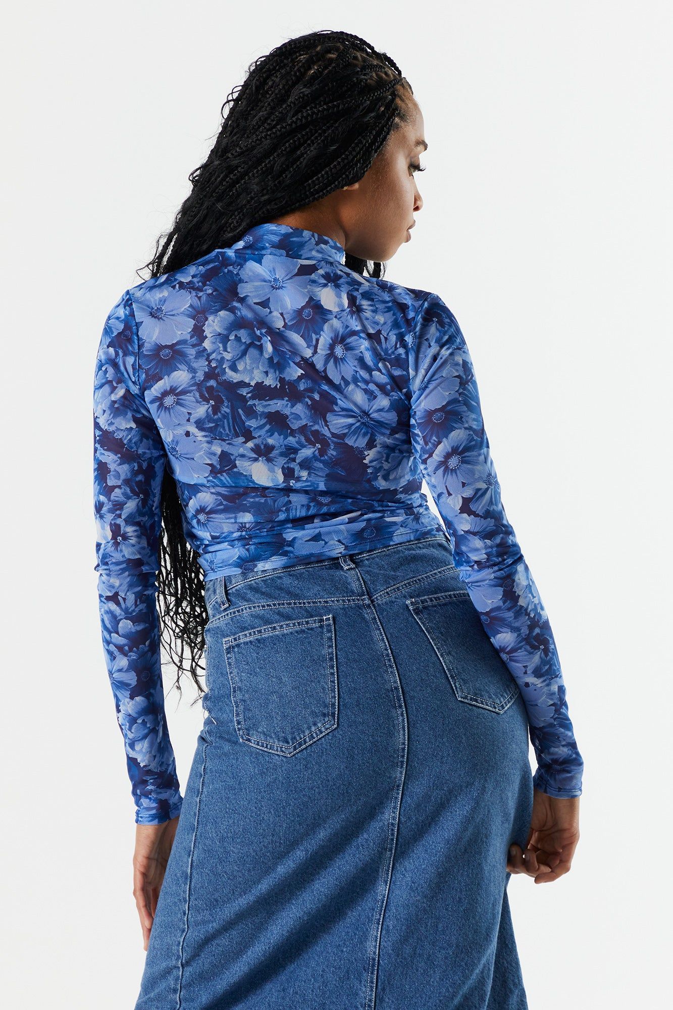 Blue Print Mesh Mock Neck Crop Top sold by Urban Planet product image thumbnail 2