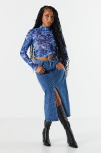Blue Print Mesh Mock Neck Crop Top sold by Urban Planet