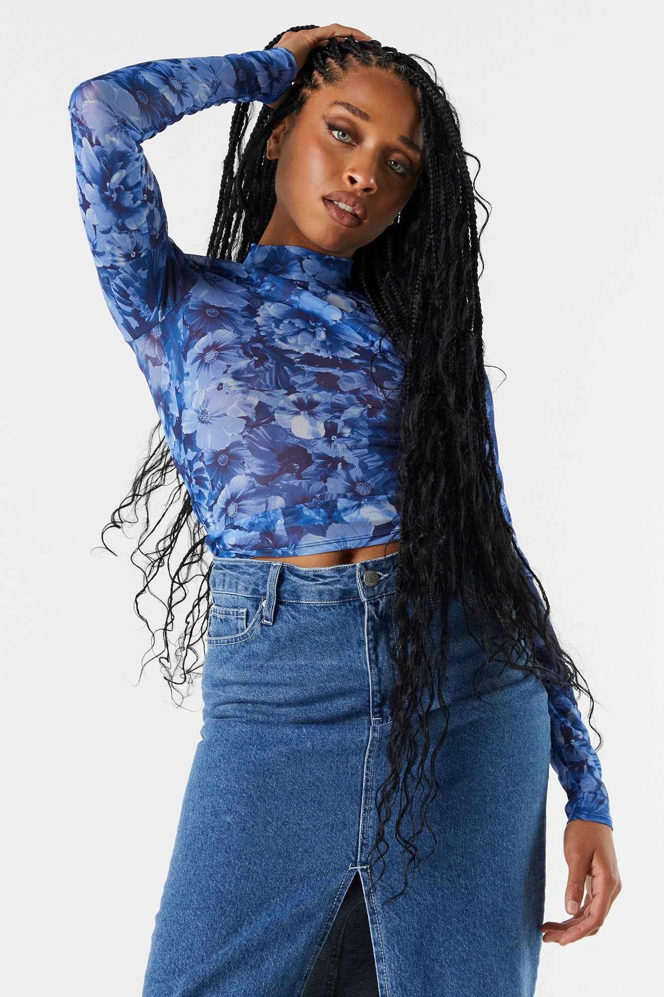 Blue Print Mesh Mock Neck Crop Top sold by Urban Planet