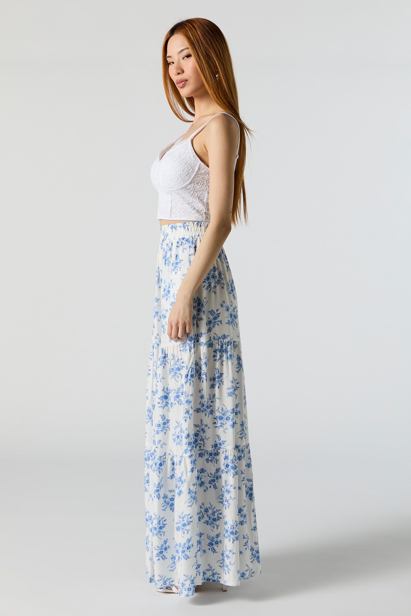 White Floral High Rise Tiered Maxi Skirt sold by Urban Planet product image thumbnail 2