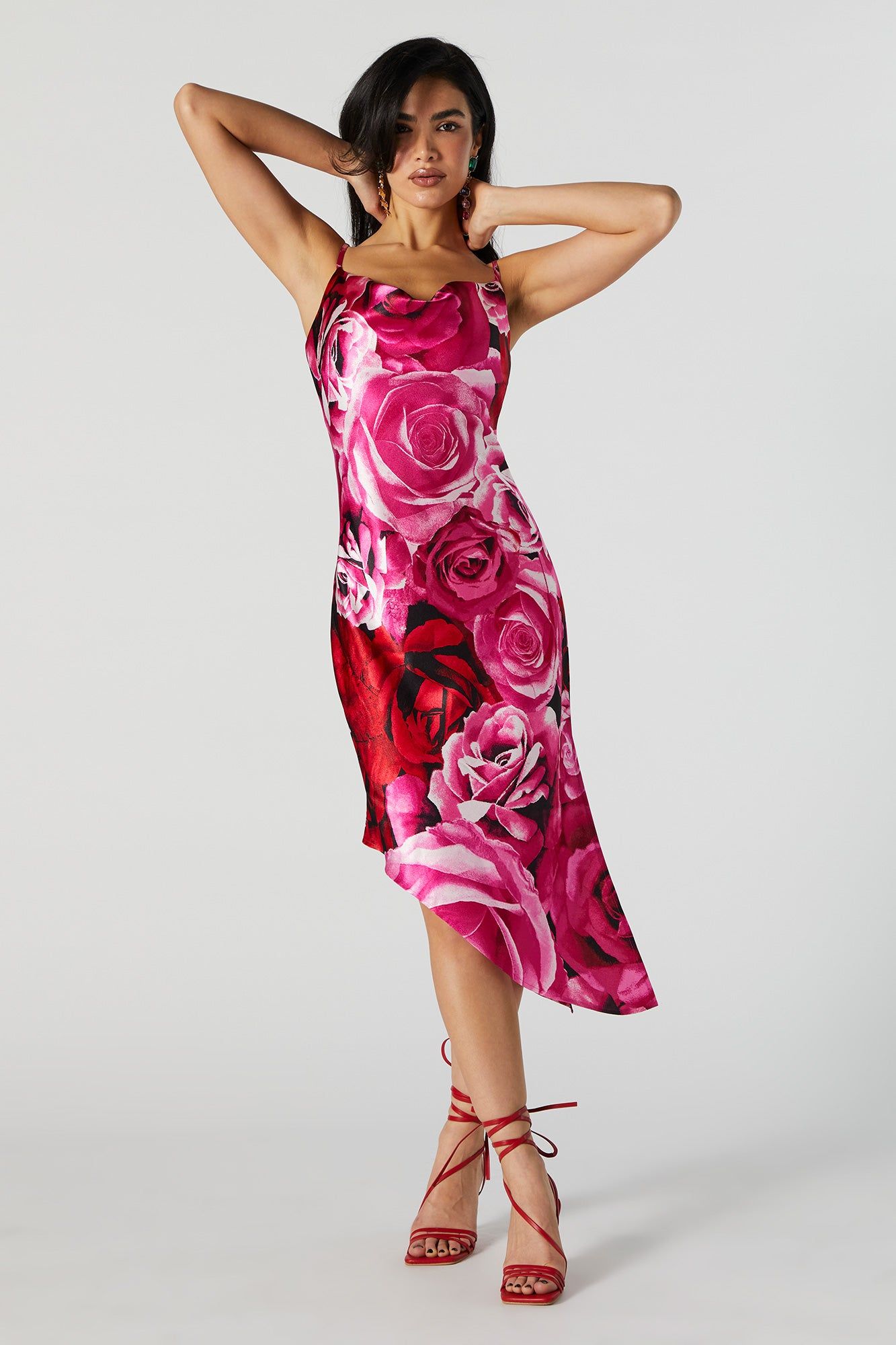 Floral Satin Cowl Neck Asymmetrical Midi Dress sold by Urban Planet product image thumbnail 2