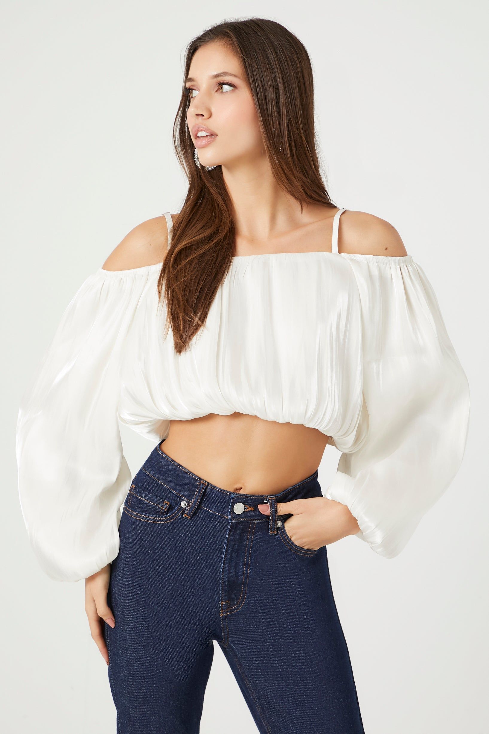 Satin Off Shoulder Crop Top sold by Urban Planet