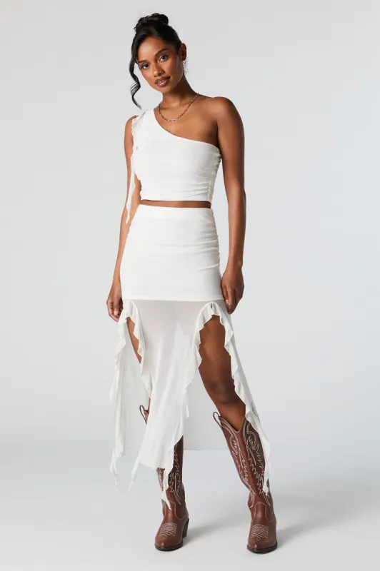 Mesh Ruffle M Slit Midi Skirt sold by Urban Planet