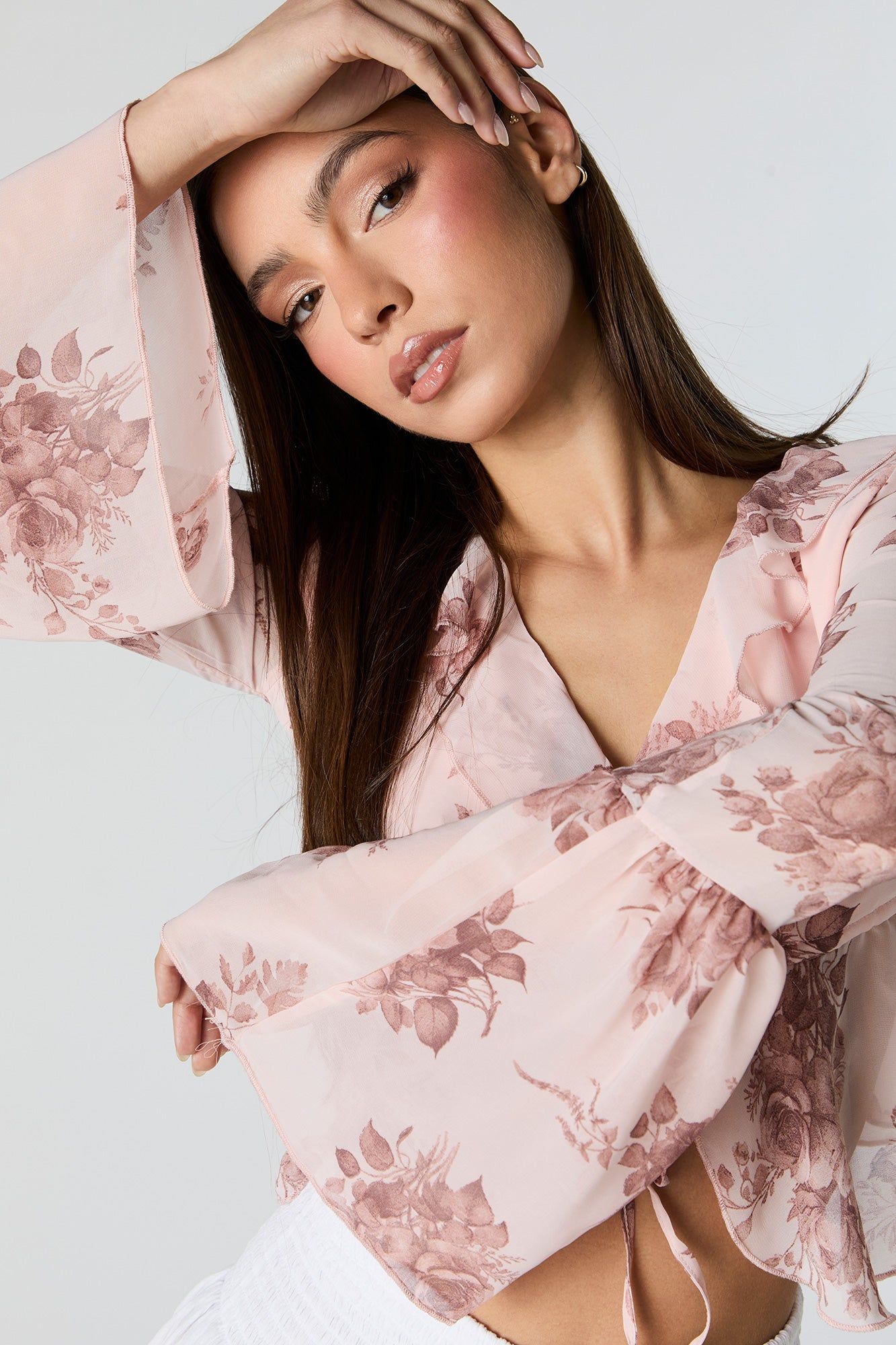 Rose Print Chiffon Front Tie Long Sleeve Top sold by Urban Planet