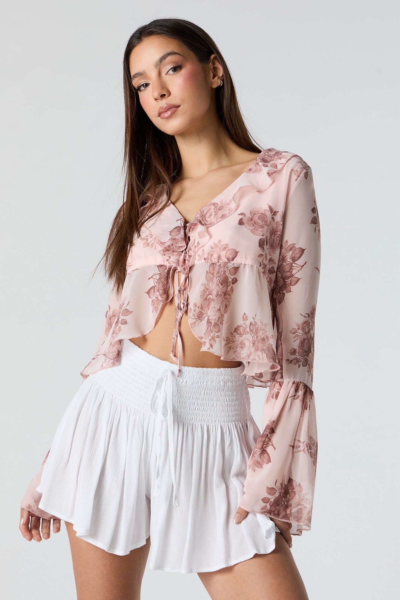 Rose Print Chiffon Front Tie Long Sleeve Top sold by Urban Planet product image thumbnail 4