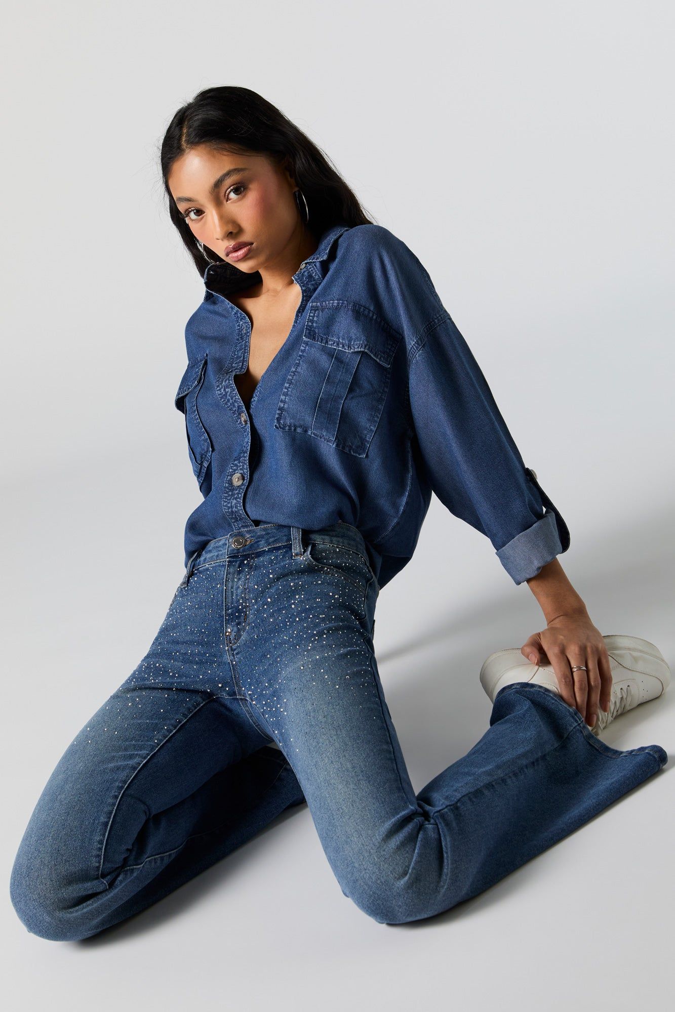 Medium Wash Rhinestone Flare Jean sold by Urban Planet