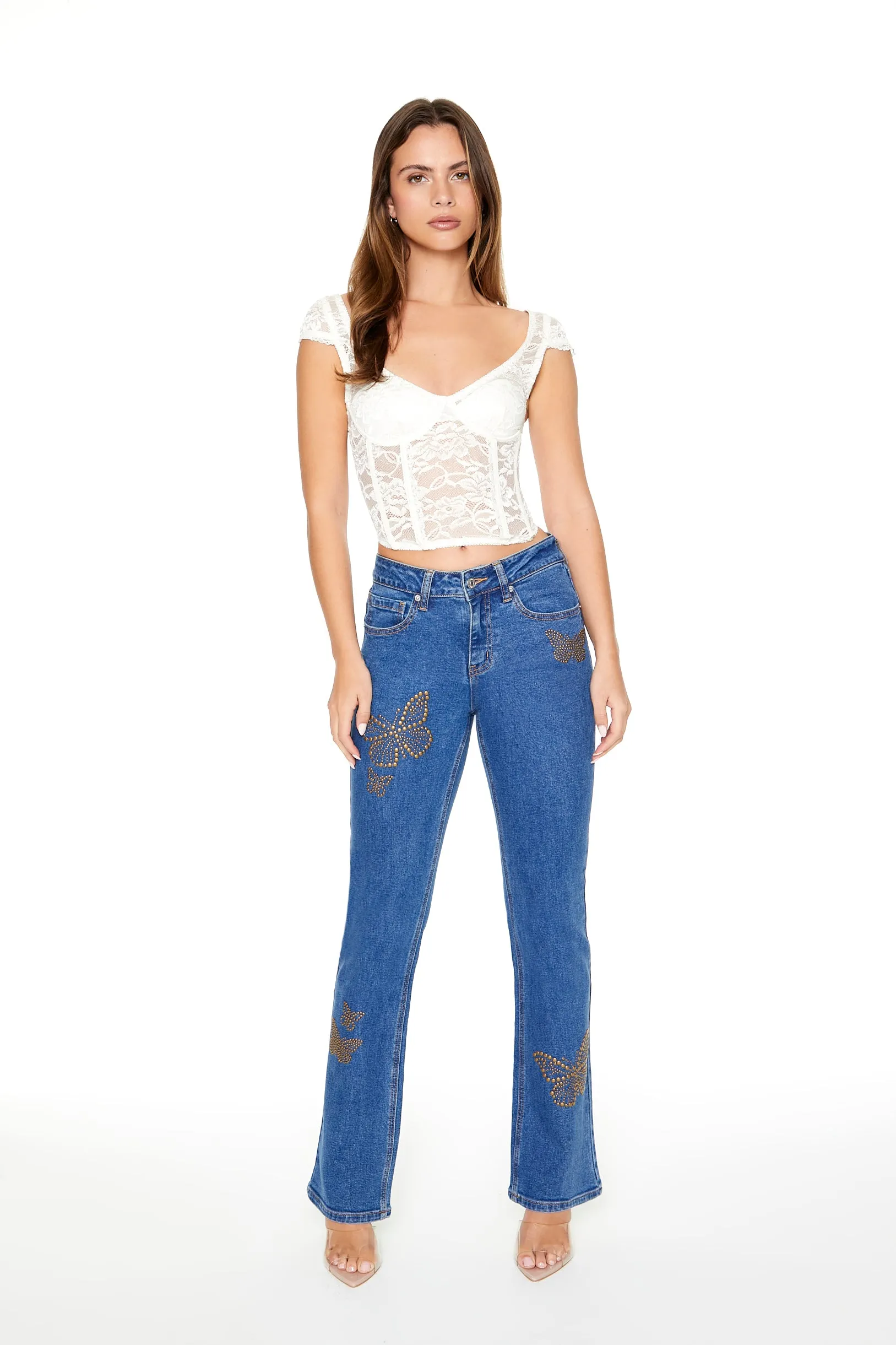 Jean à jambe semi-évasée avec motif de papillon en pierres du Rhin sold by Urban Planet