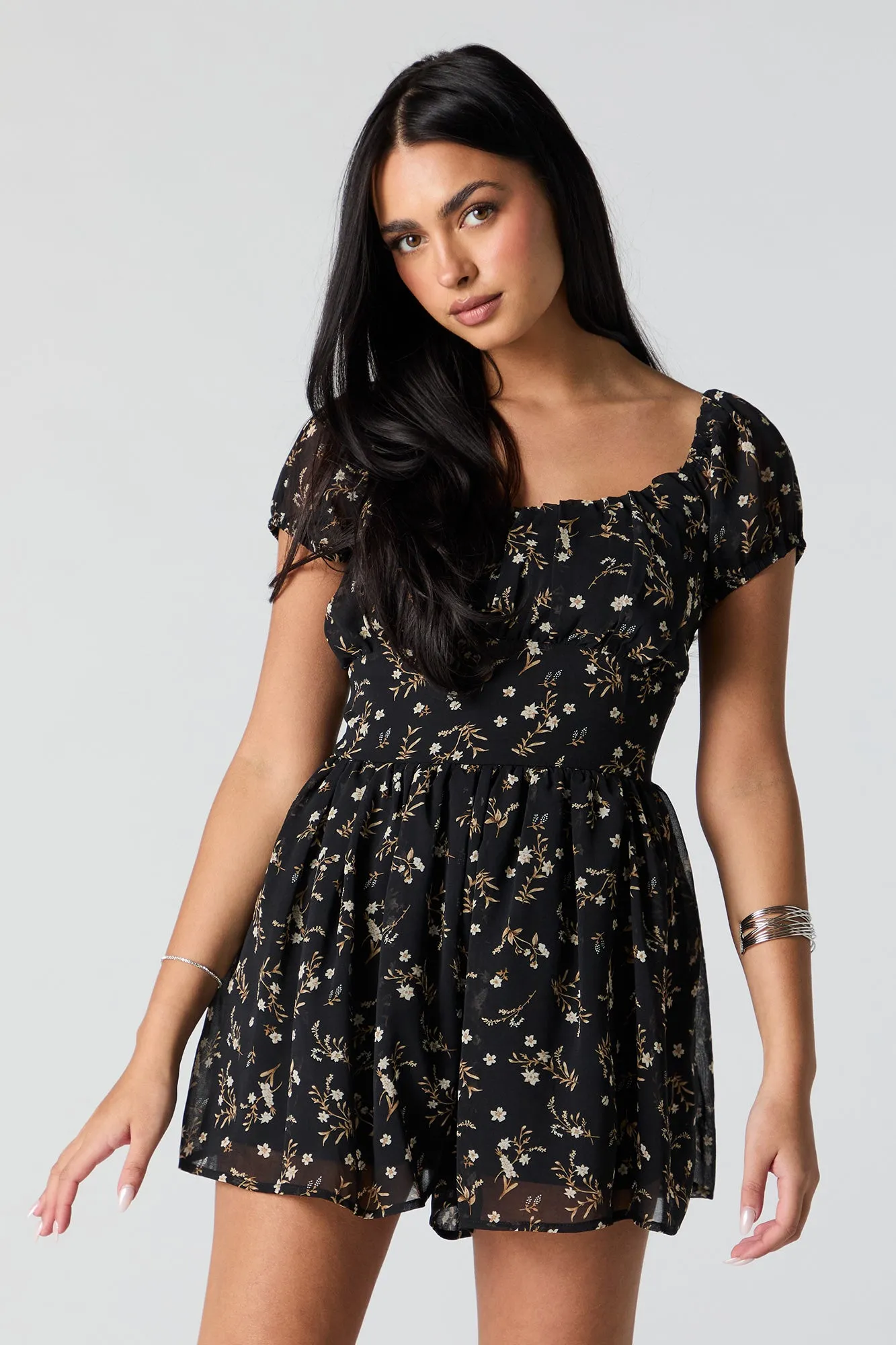 Black Floral Chiffon Milkmaid Romper sold by Urban Planet