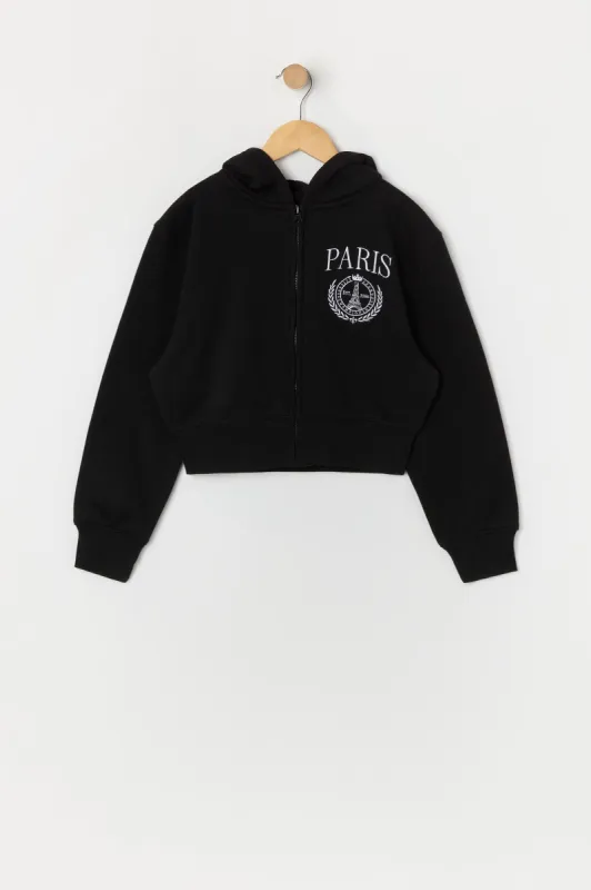 Haut à capuchon en molleton à glissière et broderie Paris pour filles sold by Urban Planet