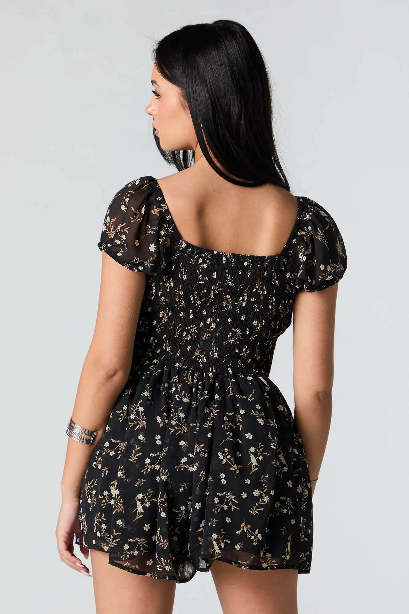 Black Floral Chiffon Milkmaid Romper sold by Urban Planet product image thumbnail 2
