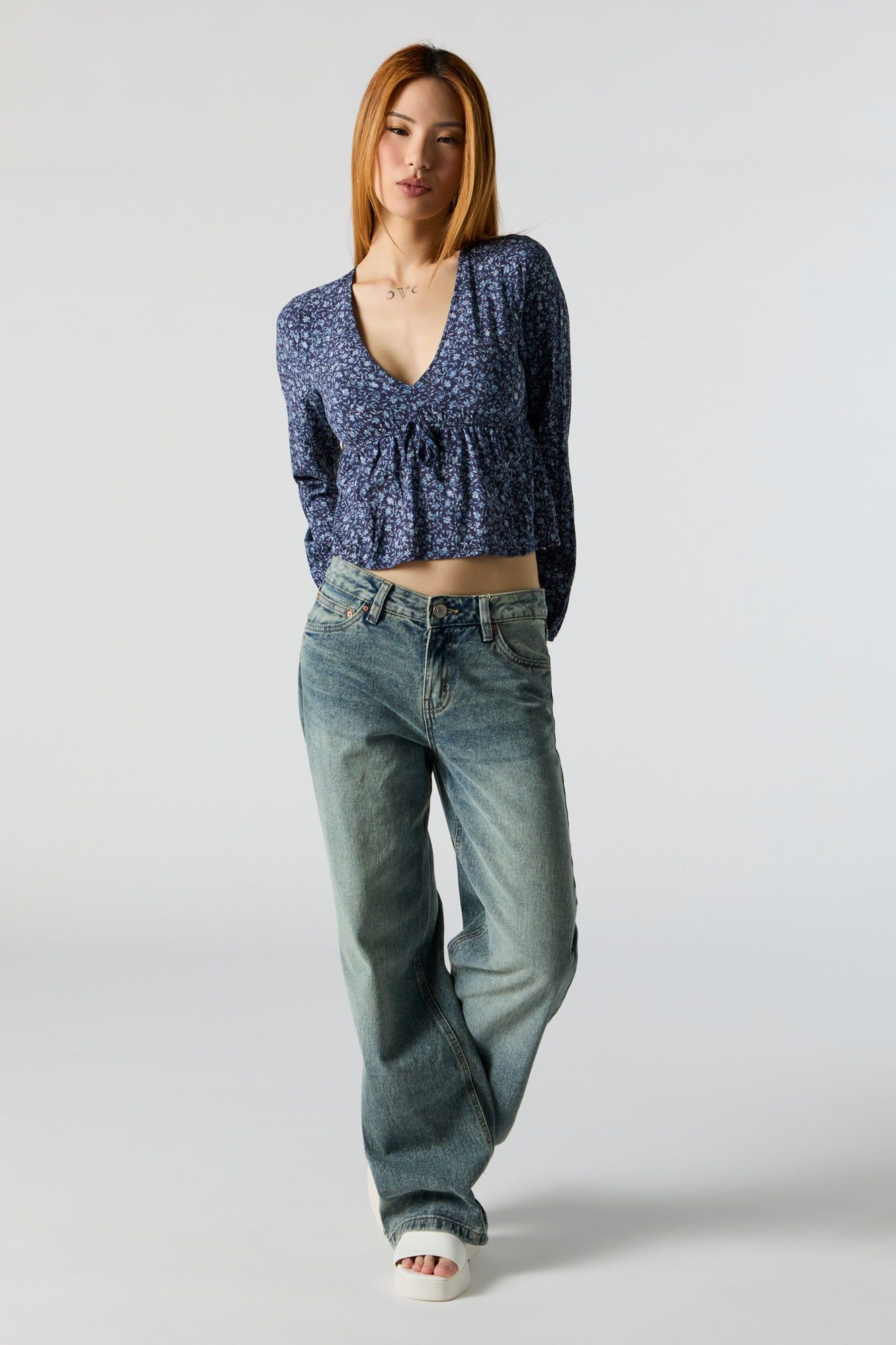 Blue Floral Long Sleeve Peplum Top sold by Urban Planet product image thumbnail 3