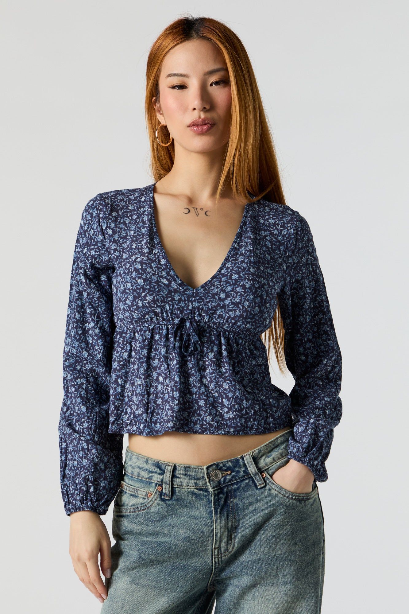 Blue Floral Long Sleeve Peplum Top sold by Urban Planet