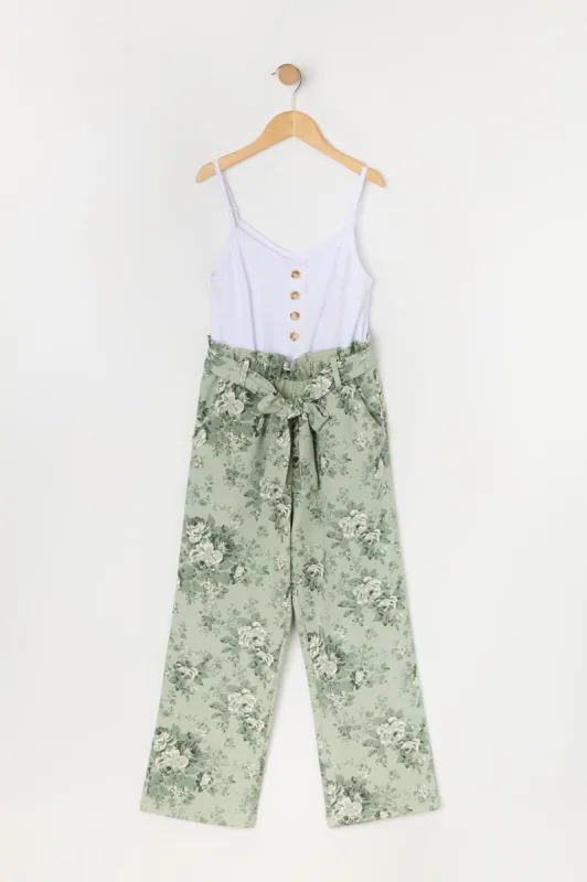 Girls Green Floral Print Belted Jumpsuit sold by Urban Planet