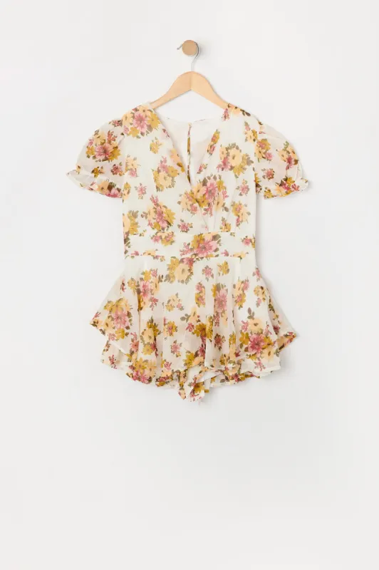 Combi-short en chiffon fleuri blanc avec manches bouffantes pour fille sold by Urban Planet