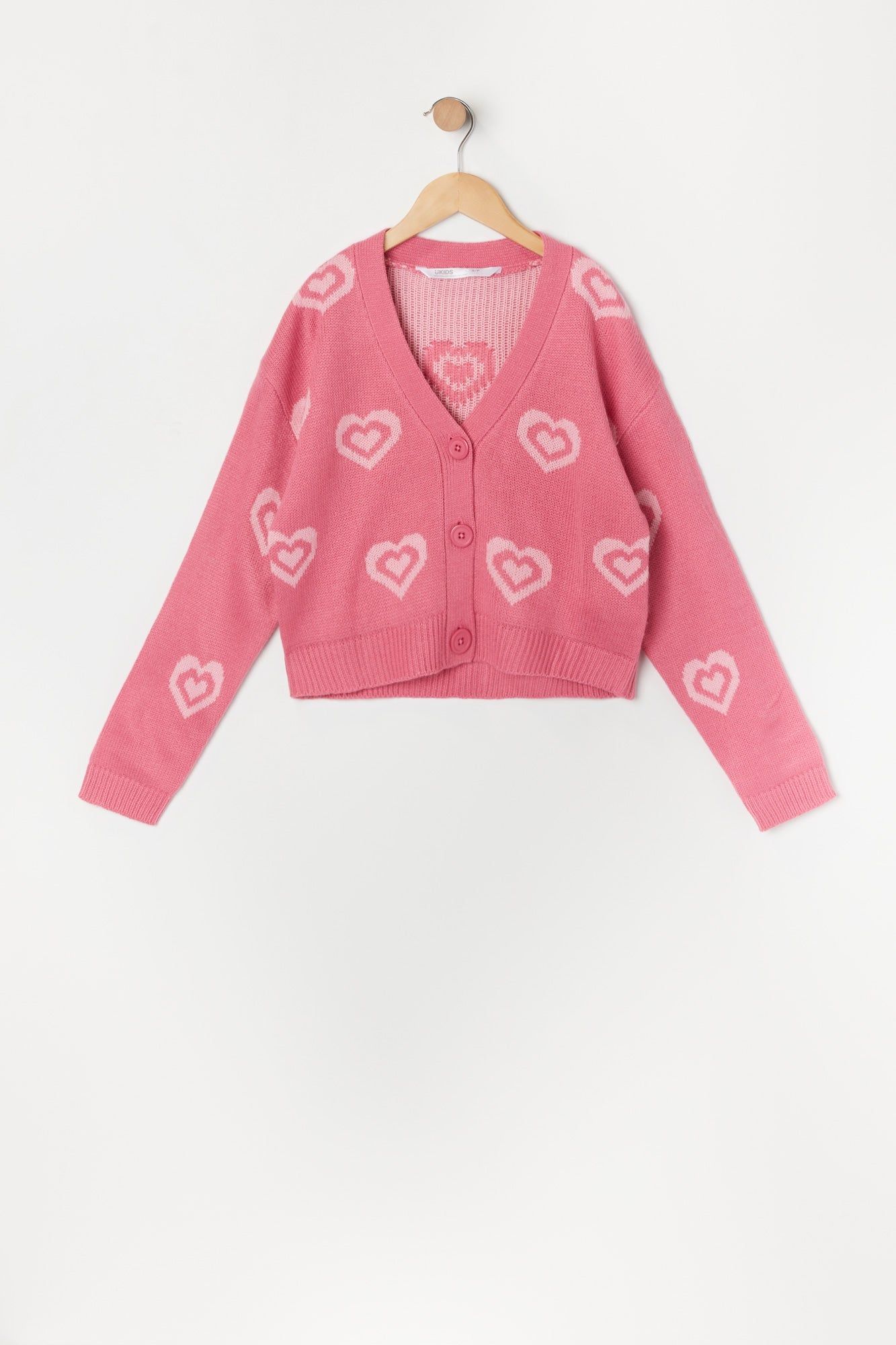 Cardigan boutonné en tricot avec motif de coeurs roses pour fille sold by Urban Planet
