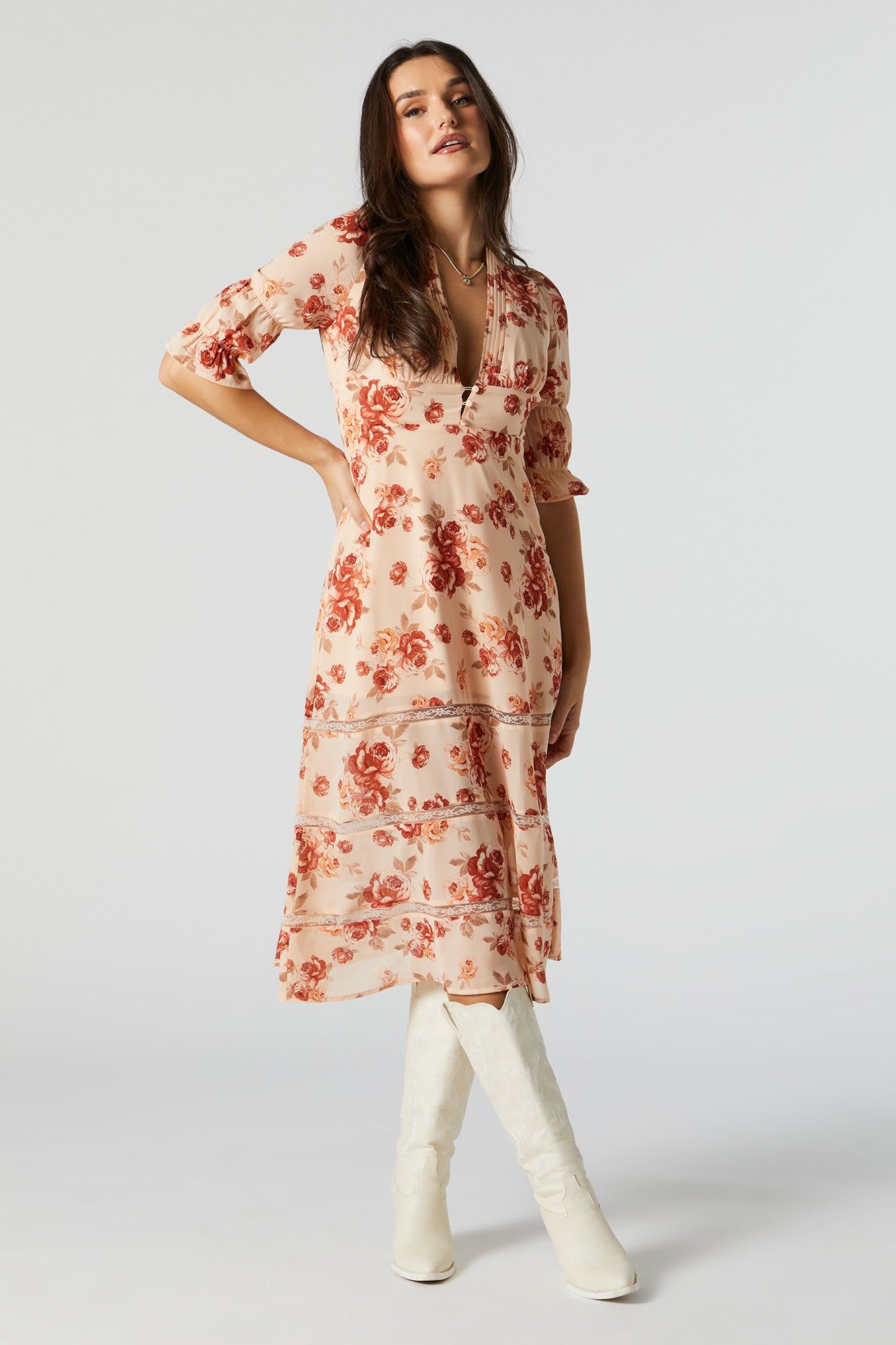 Floral Chiffon V-Neck Quarter Sleeve Midi Dress sold by Urban Planet