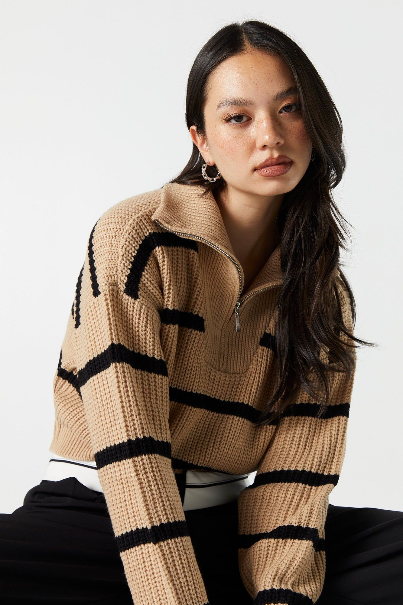 Striped Knit Zip Quarter Zip Sweater sold by Urban Planet