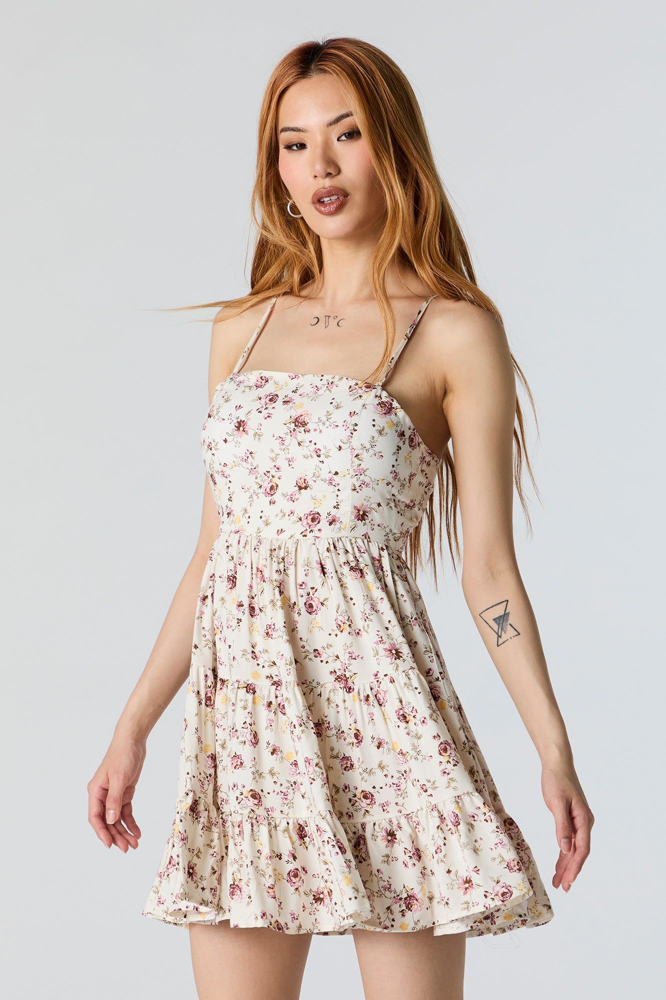 White Floral Tiered Mini Dress with Built In Bra Cups sold by Urban Planet