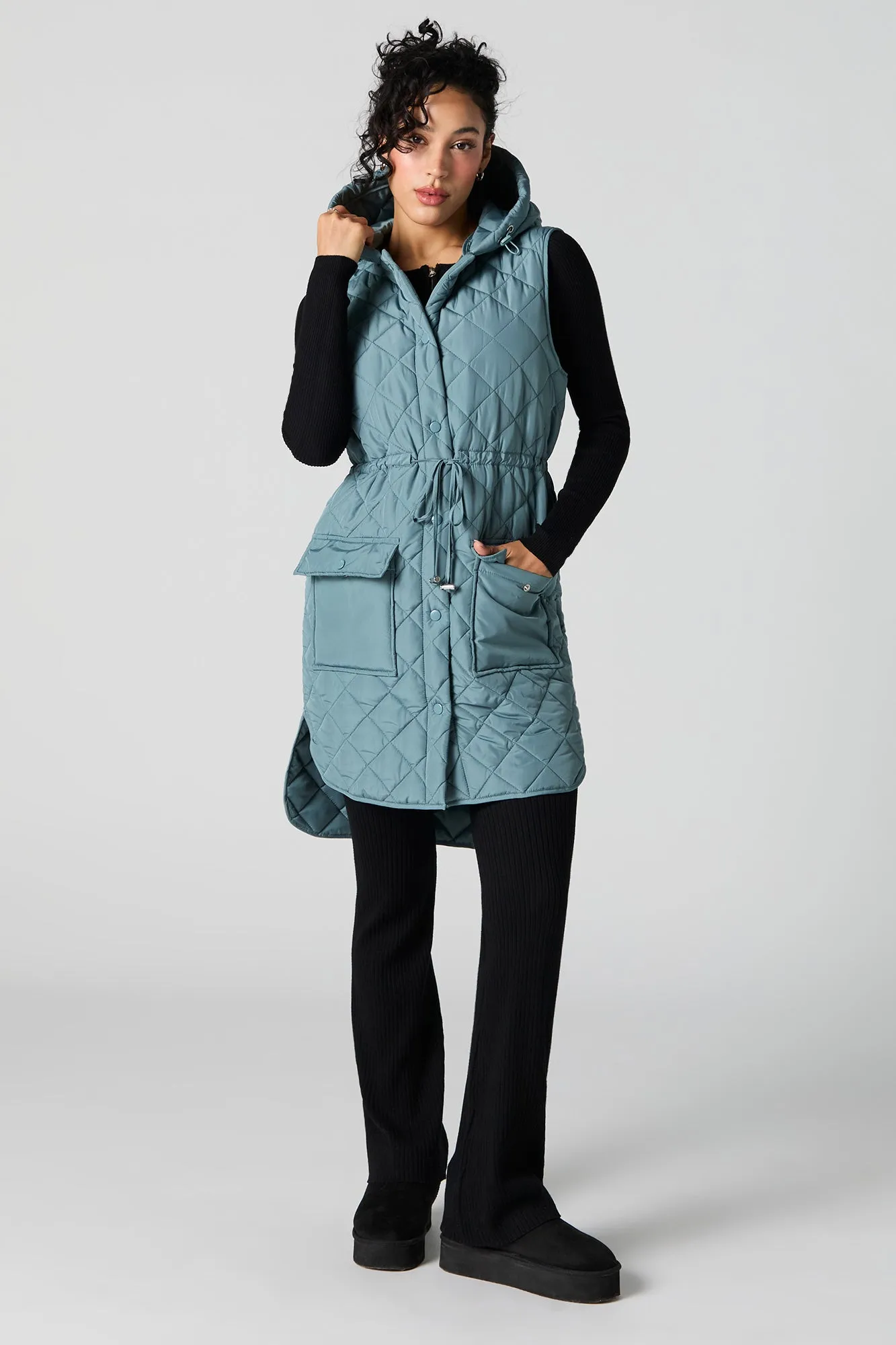 Quilted Longline Hooded Vest sold by Urban Planet
