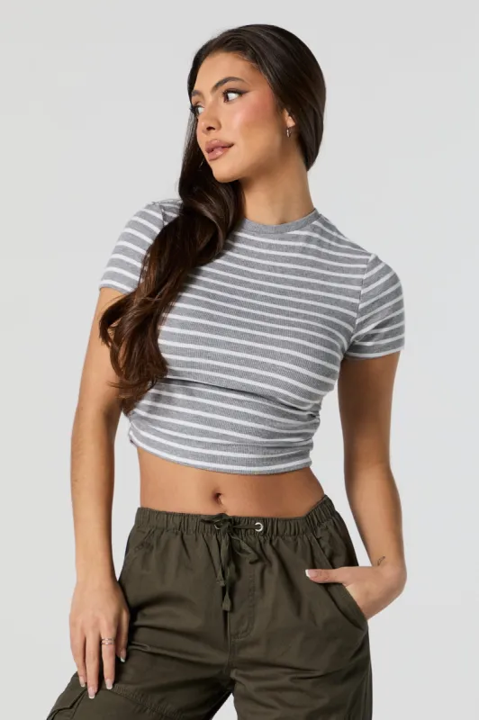 Striped Ribbed Side Cinched Cropped T-Shirt sold by Urban Planet