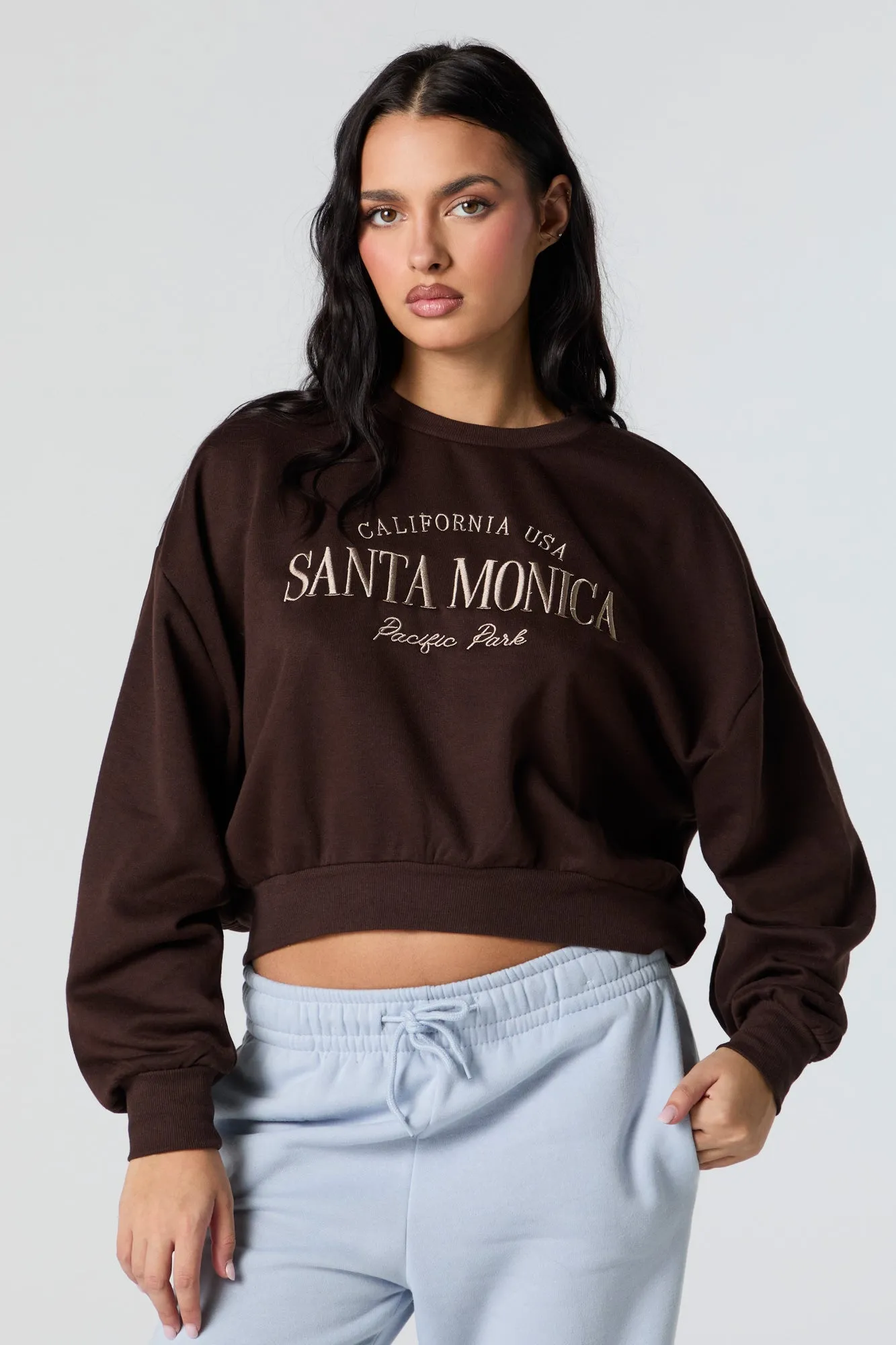 Santa Monica Embroidered Cropped Fleece Sweatshirt sold by Urban Planet