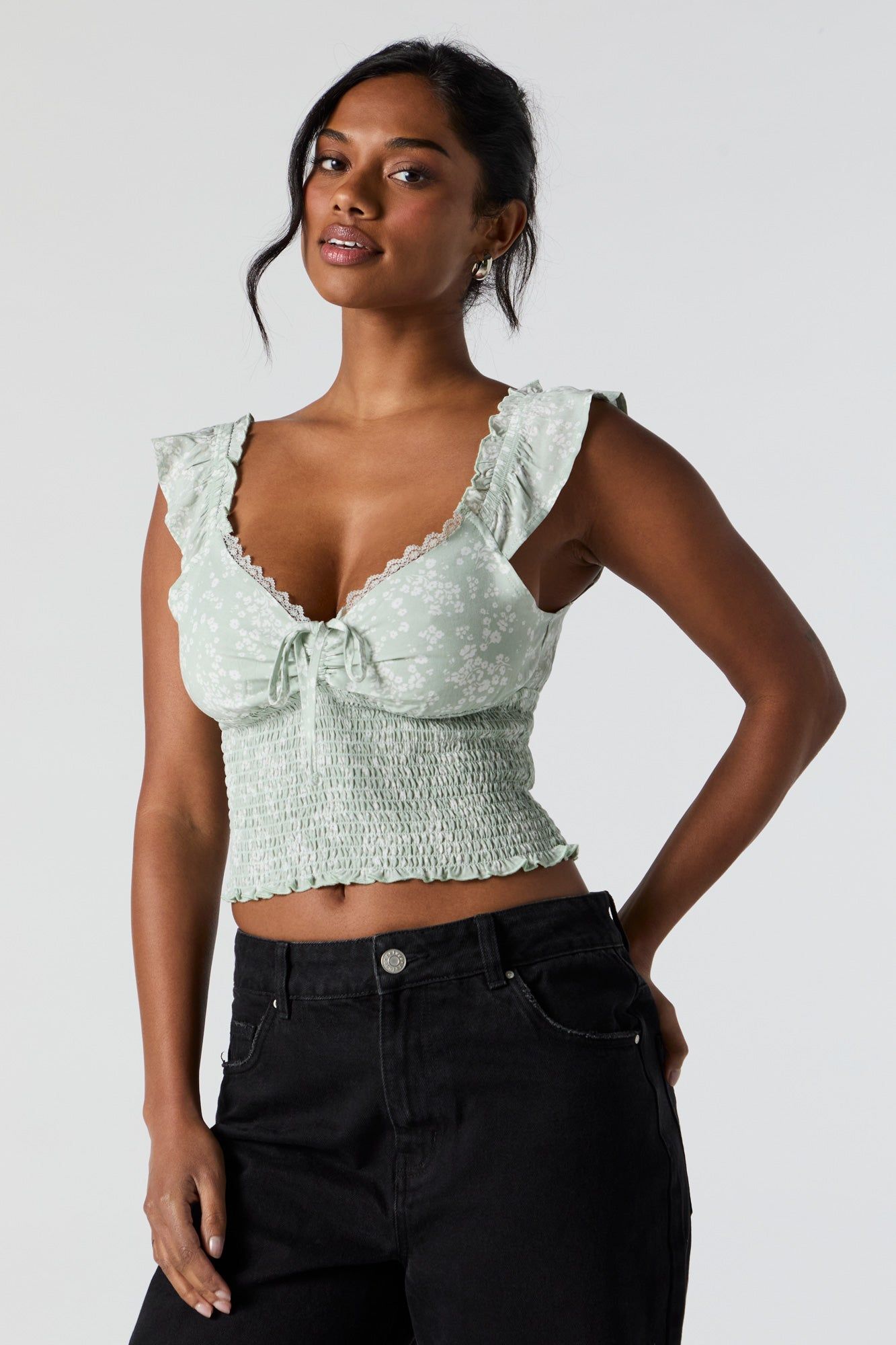 Green Floral Milkmaid Front Tie Top sold by Urban Planet