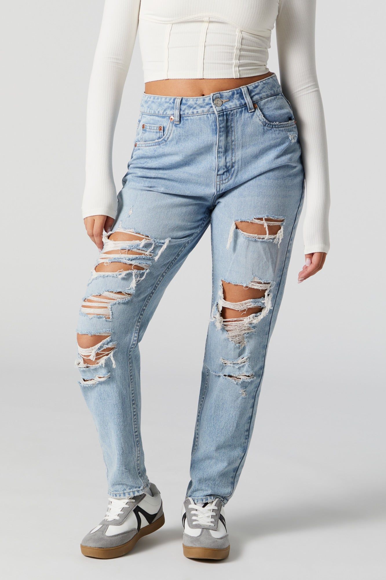 High Rise Light Wash Distressed Mom Jean sold by Urban Planet product image thumbnail 2