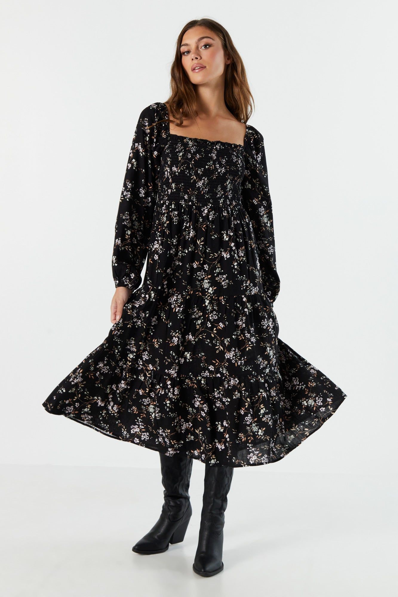 Floral Smocked Long Sleeve Midi Dress sold by Urban Planet