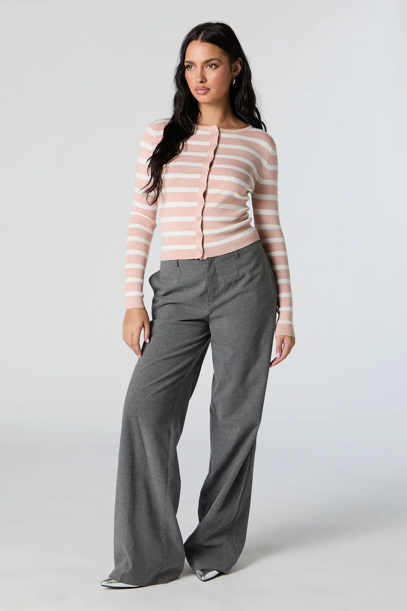 Striped Ribbed Knit Button-Up Sweater sold by Urban Planet product image thumbnail 3