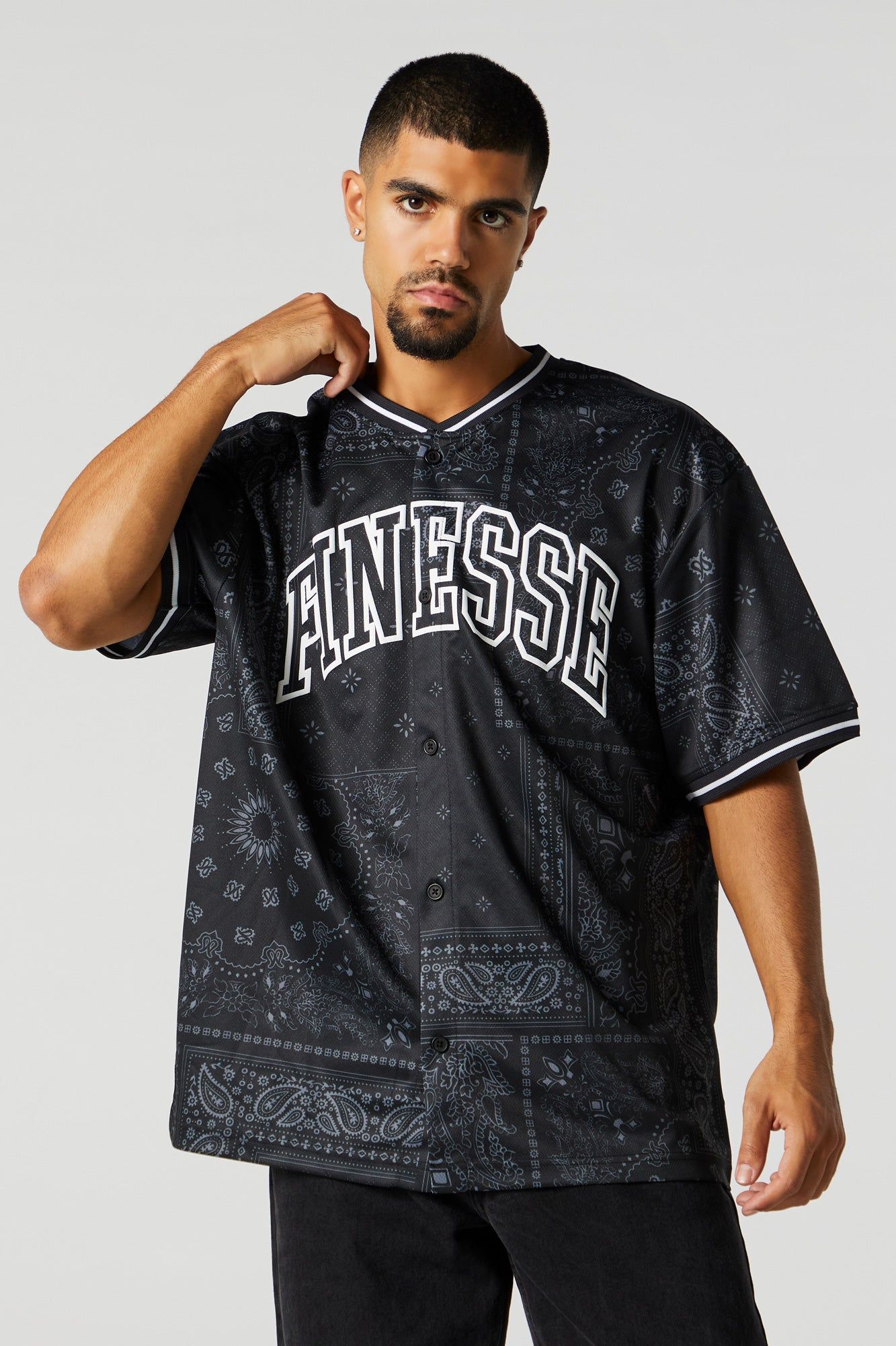 Finesse Graphic Button-Up Jersey sold by Urban Planet