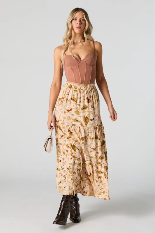 Tan Floral Tiered Maxi Skirt sold by Urban Planet