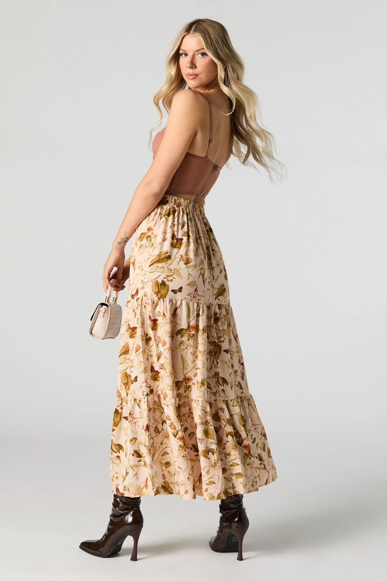 Tan Floral Tiered Maxi Skirt sold by Urban Planet product image thumbnail 3