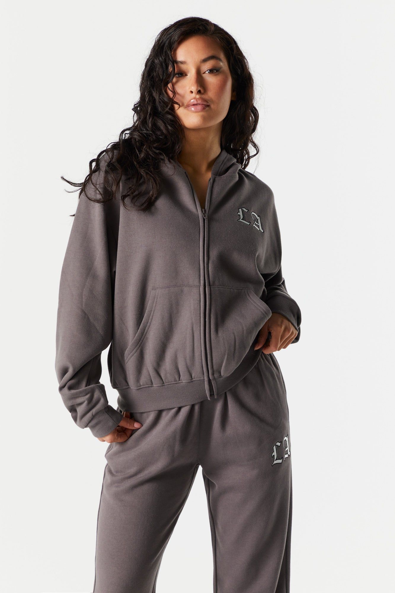 LA Embroidered Zip Up Varsity Hoodie sold by Urban Planet